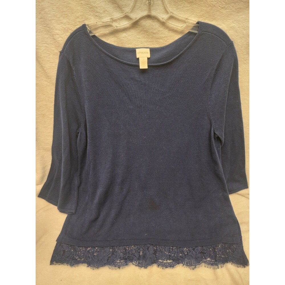 Chico's Navy Blue Shirt Sweater Long Sleeve Lace Trim Women Size 2